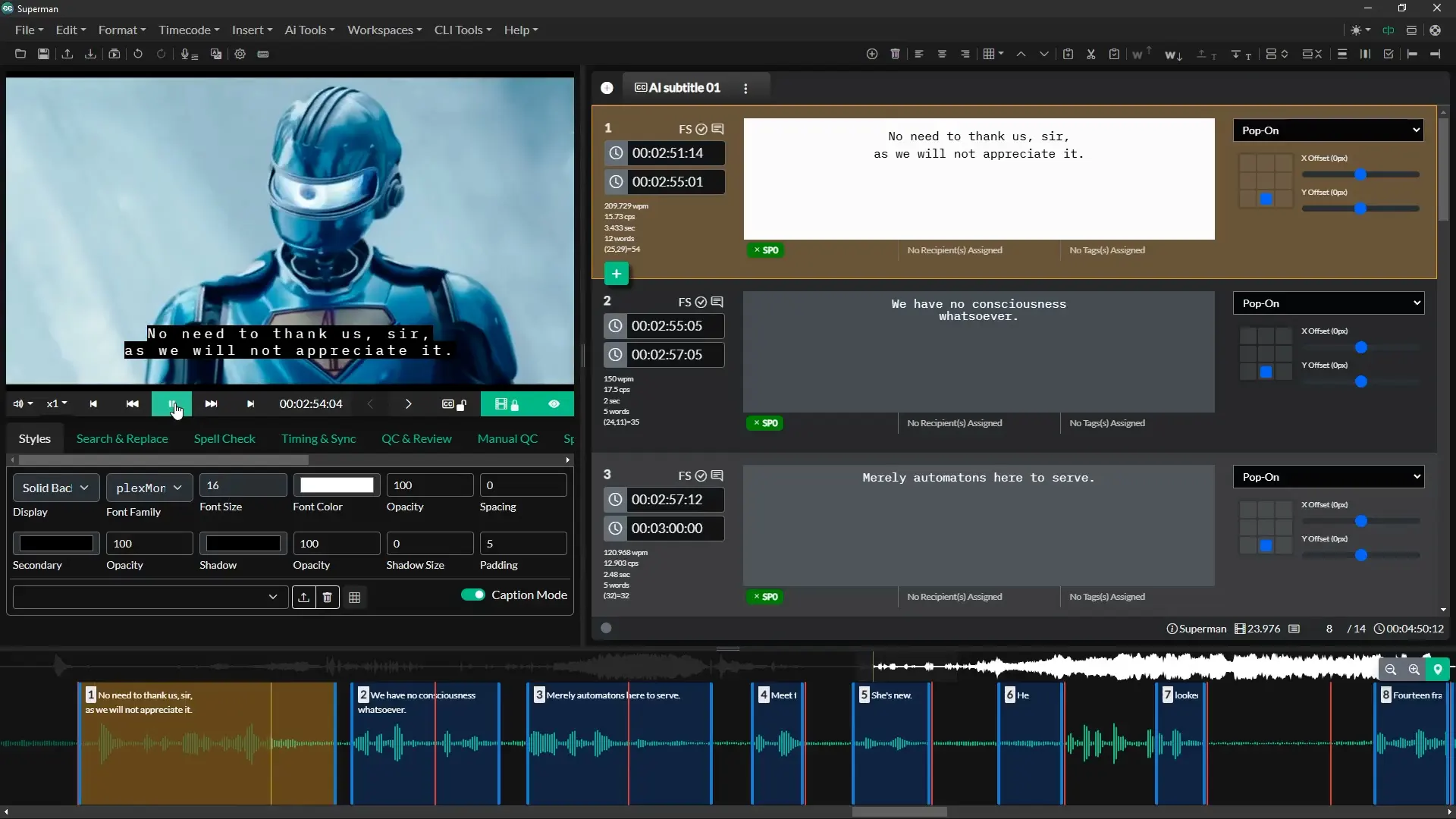 Screenshot of the updated Closed Caption Creator interface showing the video preview on the left, and caption editor list on the right.