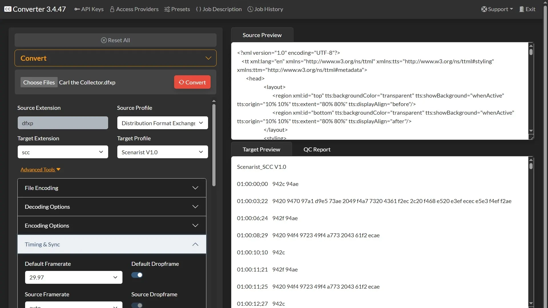 The Closed Caption Converter interface showing a batch of caption files queued for conversion