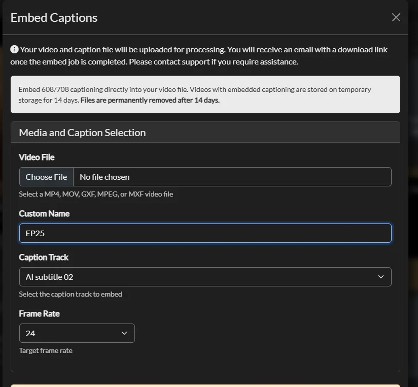 CC Embed export dialog in Closed Caption Creator with container and caption options selected