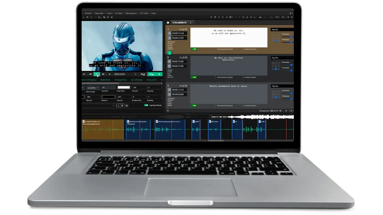 Application screenshot showing an open project in Closed Caption Creator. The video player is shown on the left, and the subtitle editor is located on the right. There is a timeline component located at the bottom of the screenshot.